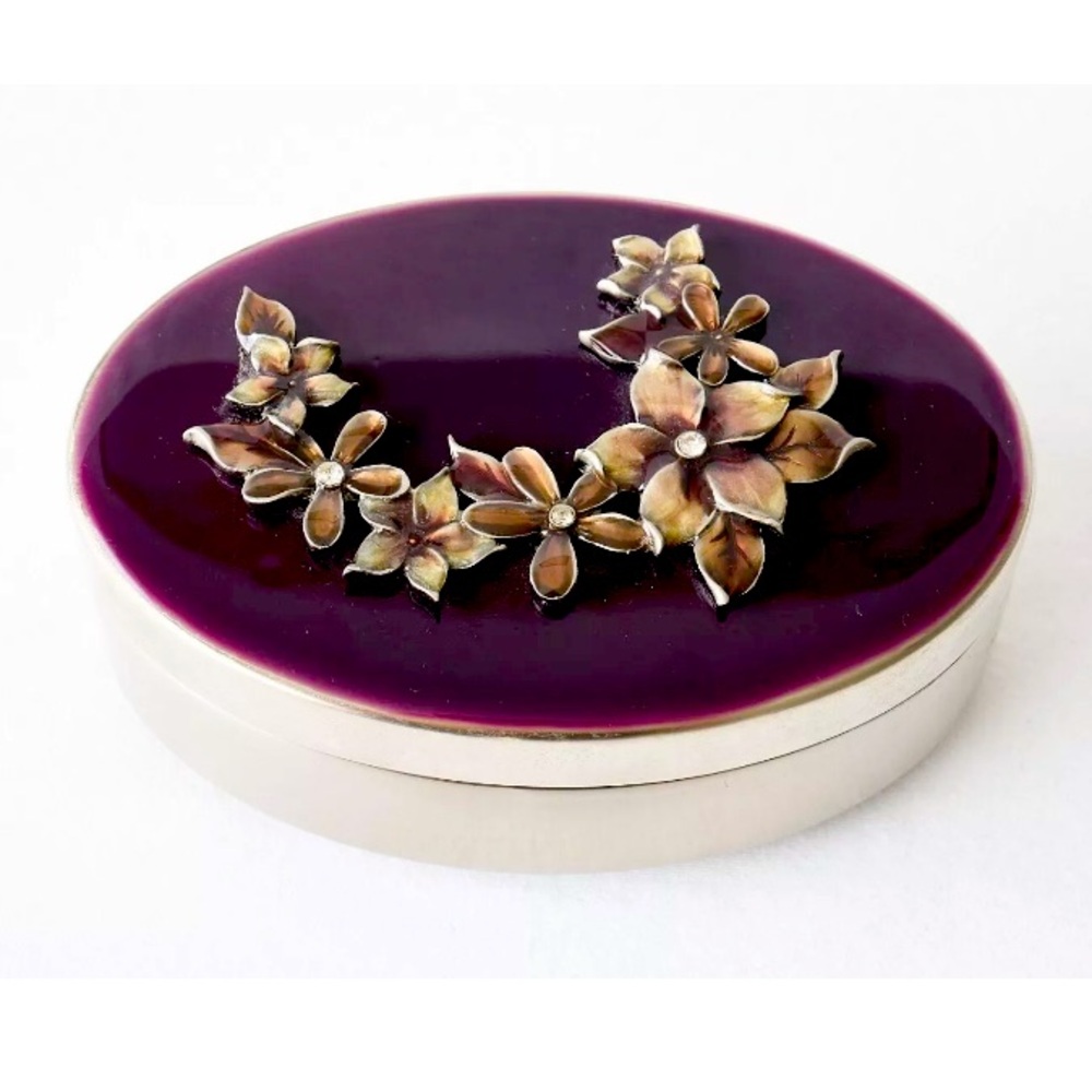 POTTERY BARN Oval Jewelry Case Trinket Box Purple Applied Flowers Rhinestones
